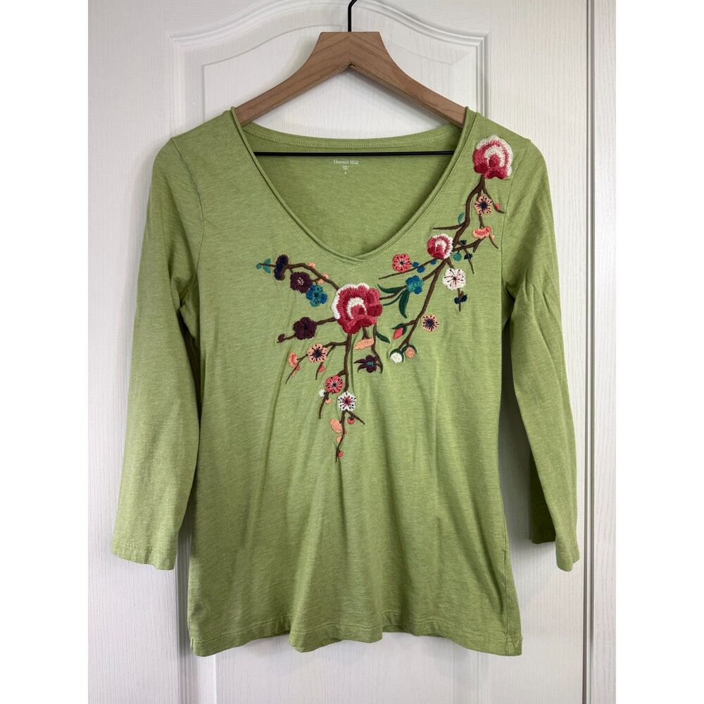 Garnet Hill Embroidered Floral V-Neck Top Green 3/4 Sleeve Cotton Modal Womens S